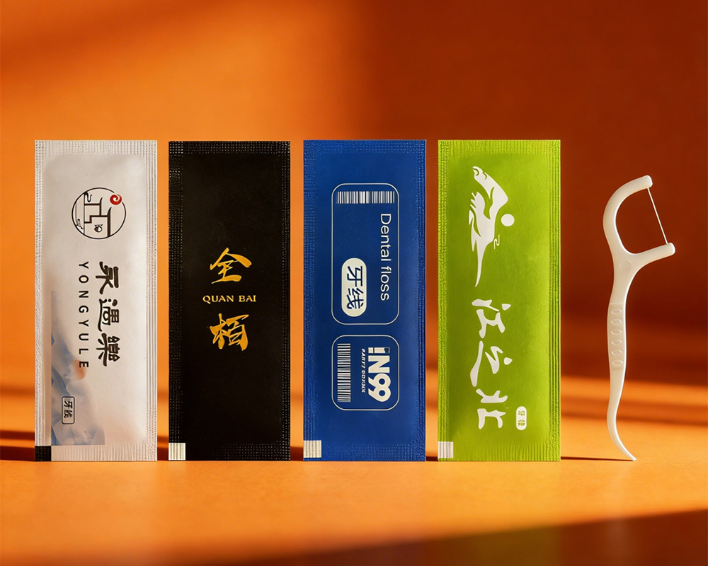 精美的牙线包装盒,盒子表面印有品牌标志,打开后显示多支牙线棒