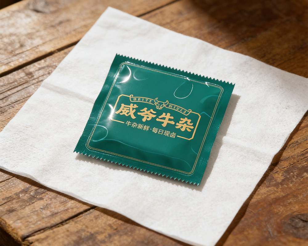 定制餐具套装展示,包括叉子、勺子、筷子等,包装袋印有品牌标识